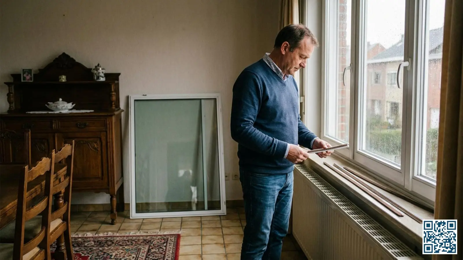 Belgische woningeigenaar bekijkt isolatieopties voor ramen met tochtstrips en voorzetraam in een typische rijwoning