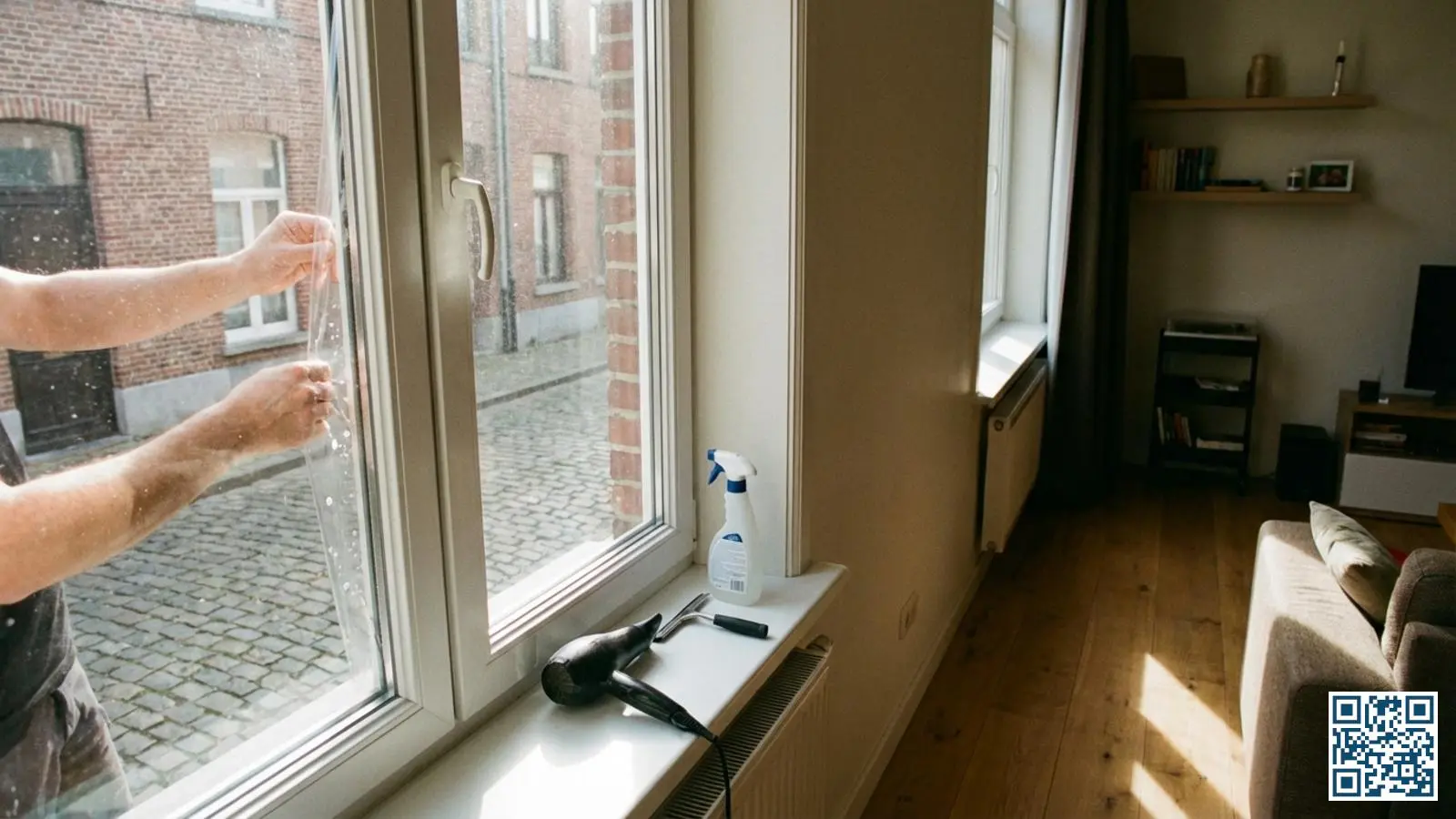 Handen brengen transparante raamfolie aan op een dubbelglasraam in een Belgische woning met een föhn op de vensterbank