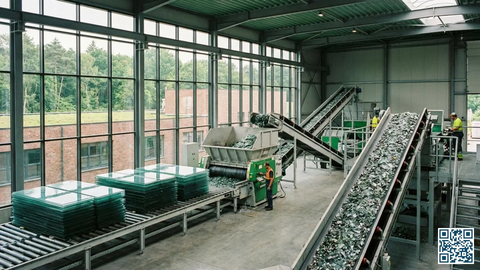 Belgische glasrecyclagefabriek met vlakglas op transportbanden en groen landschap zichtbaar door de ramen