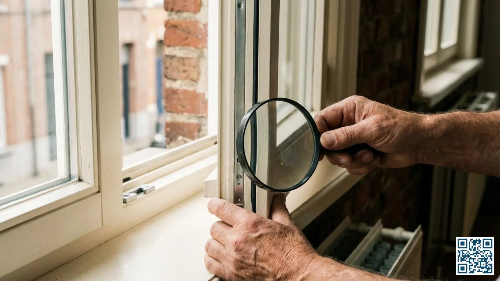 Woningeigenaar inspecteert de randafdichting en spacer van HR-glas om de conditie te beoordelen