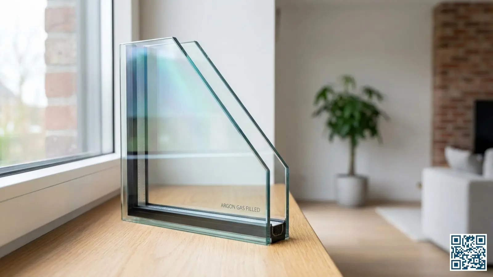 Dwarsdoorsnede van HR-glas met zichtbare low-E coating, argon gasvulling in de spouw en zwarte warm-edge spacer aan de rand