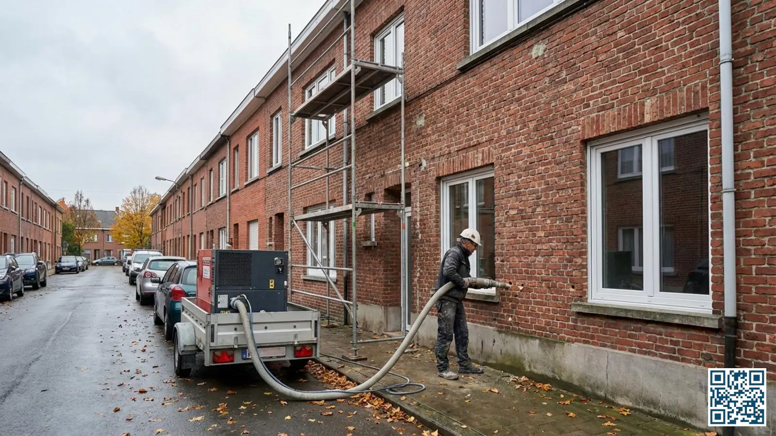 Belgische rijwoning tijdens renovatie met spouwmuurisolatie en nieuwe HR-glas ramen in wit PVC-kozijn