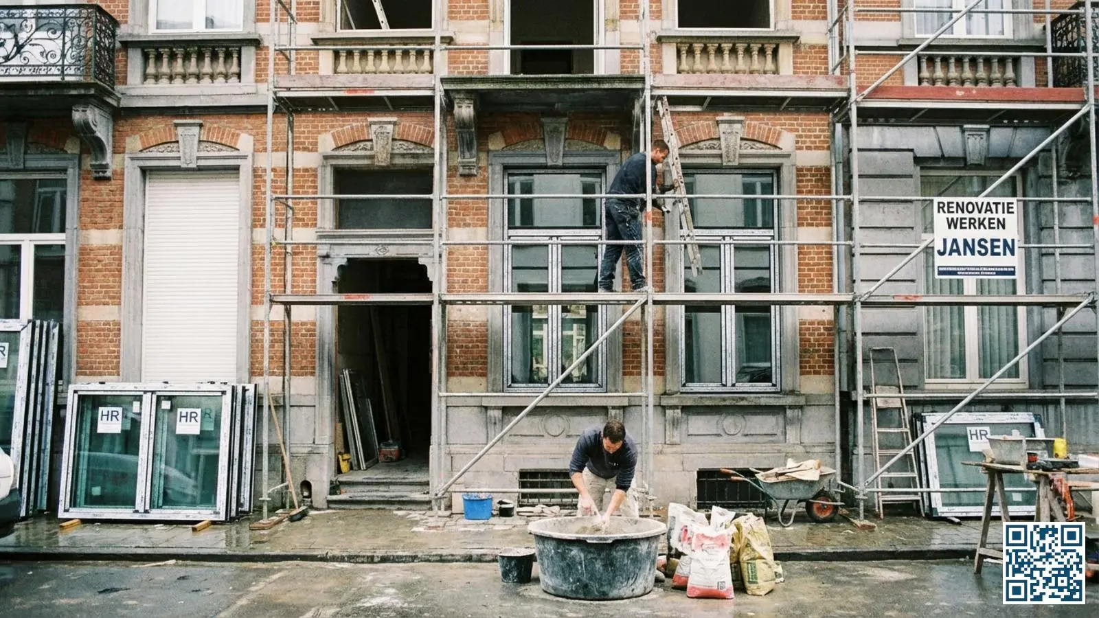 Belgische rijwoning in verbouwing met stelling waar vakman nieuwe HR-glas ramen plaatst terwijl andere werken doorgaan