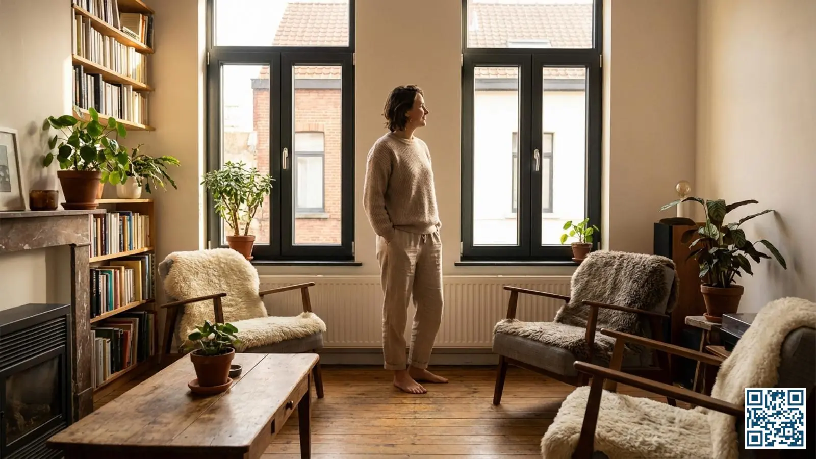 Persoon staat comfortabel op blote voeten in woonkamer met HR-glas en geïsoleerde vloer in Belgische rijwoning