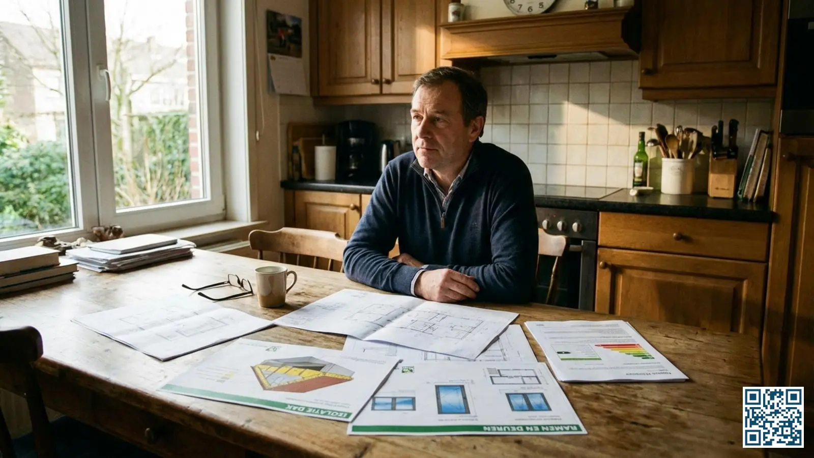 Woningeigenaar bestudeert renovatieplannen en isolatiedocumenten aan de keukentafel met daglicht door het raam