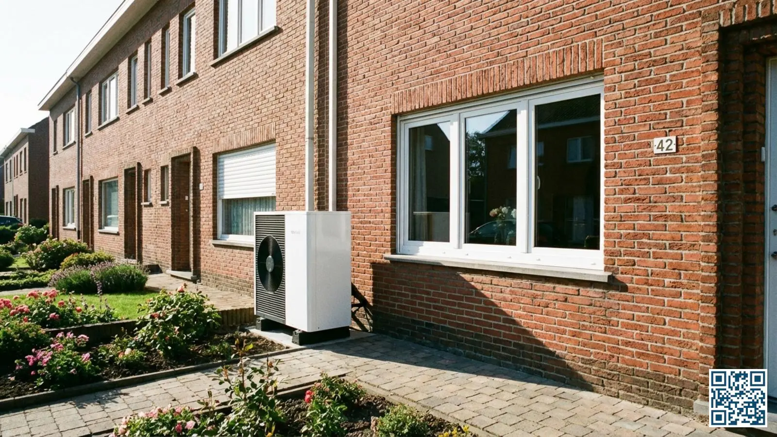 Moderne warmtepomp buitenunit naast Belgische rijwoning met nieuwe HR-glas ramen in witte PVC-kozijnen