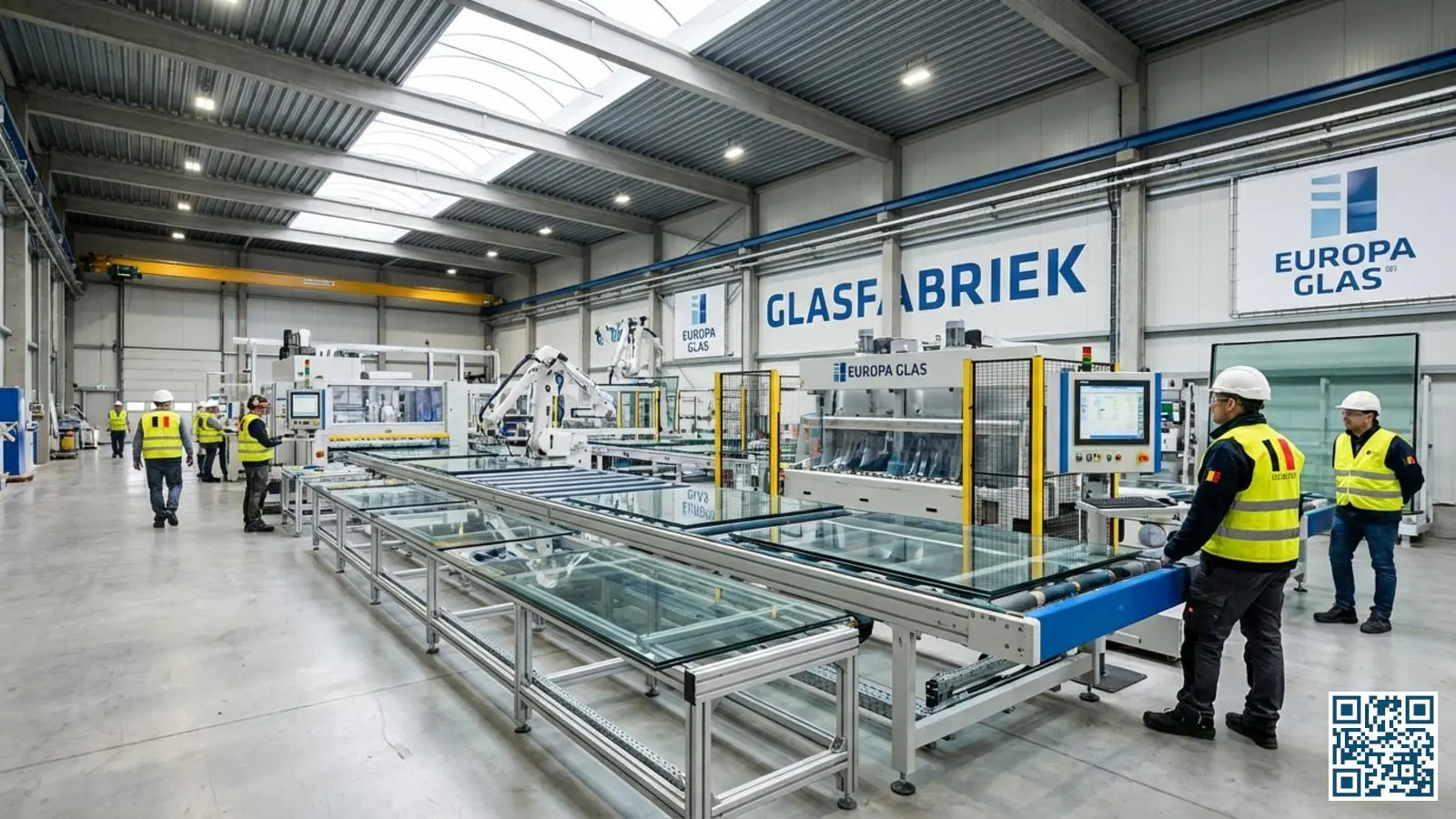 Interieur van een Belgische glasfabriek met geautomatiseerde productielijn voor isolatieglas en werknemers die het proces monitoren