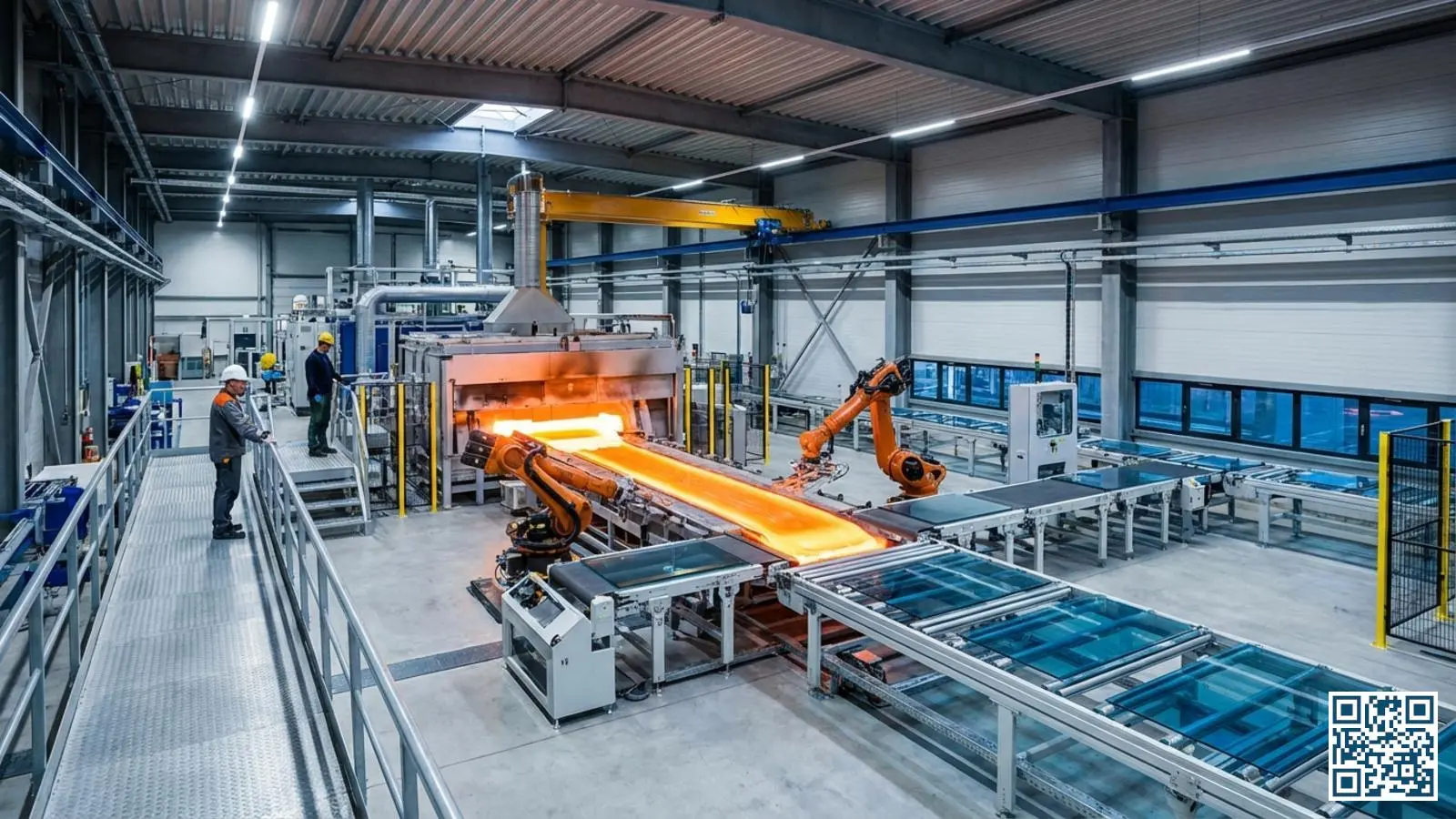 Moderne glasfabriek met gloeiende glasoven en geautomatiseerde productielijn voor HR-glas coatings