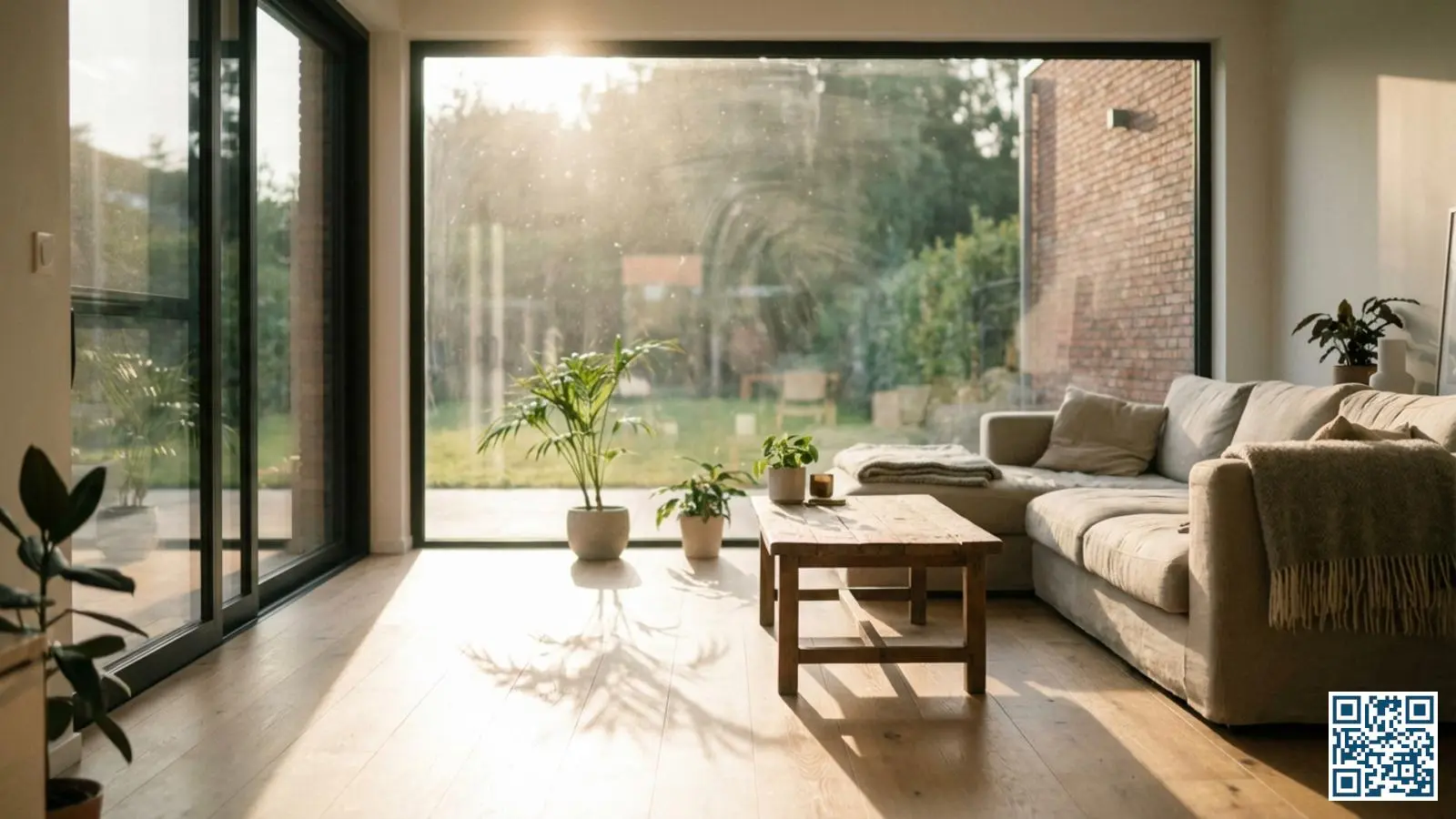 Natuurlijk licht stroomt door een modern raam met Saint-Gobain glas in een Belgische woonkamer met hoge lichtdoorlating