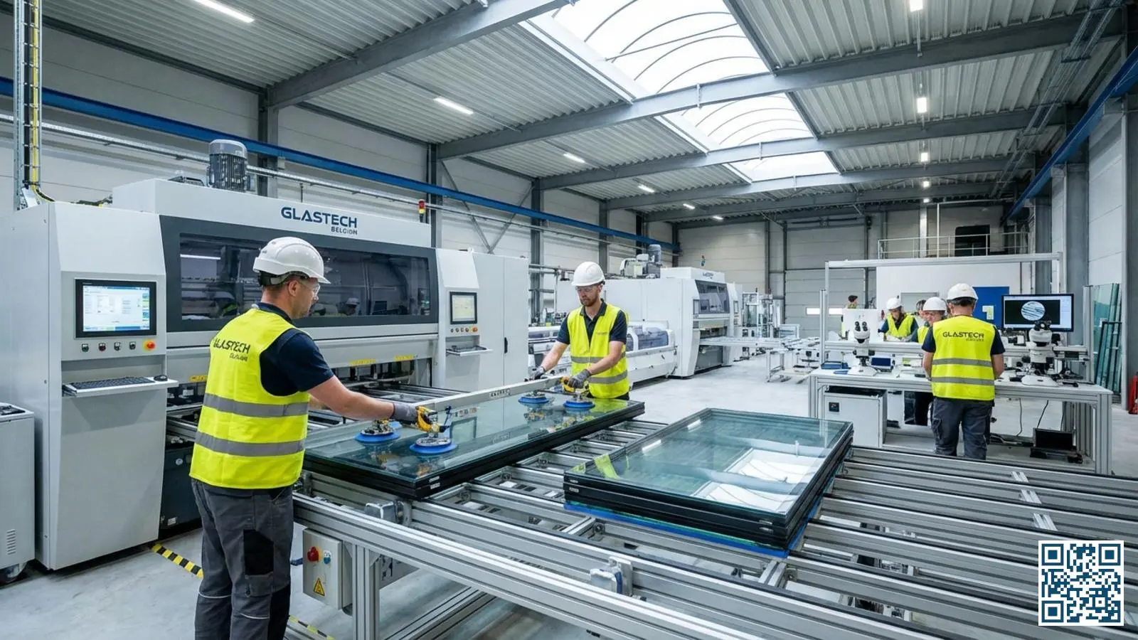Medewerkers in een Belgische glasverwerkingsfaciliteit controleren isolatieglaseenheden op de productielijn