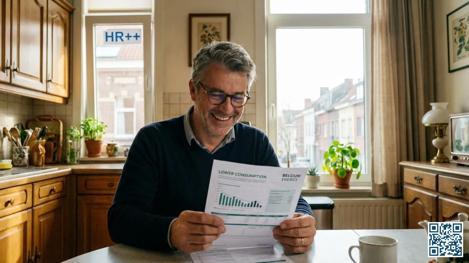 Vlaamse woningeigenaar bekijkt met tevredenheid de verlaagde energierekening na installatie van HR-glas in rijwoning