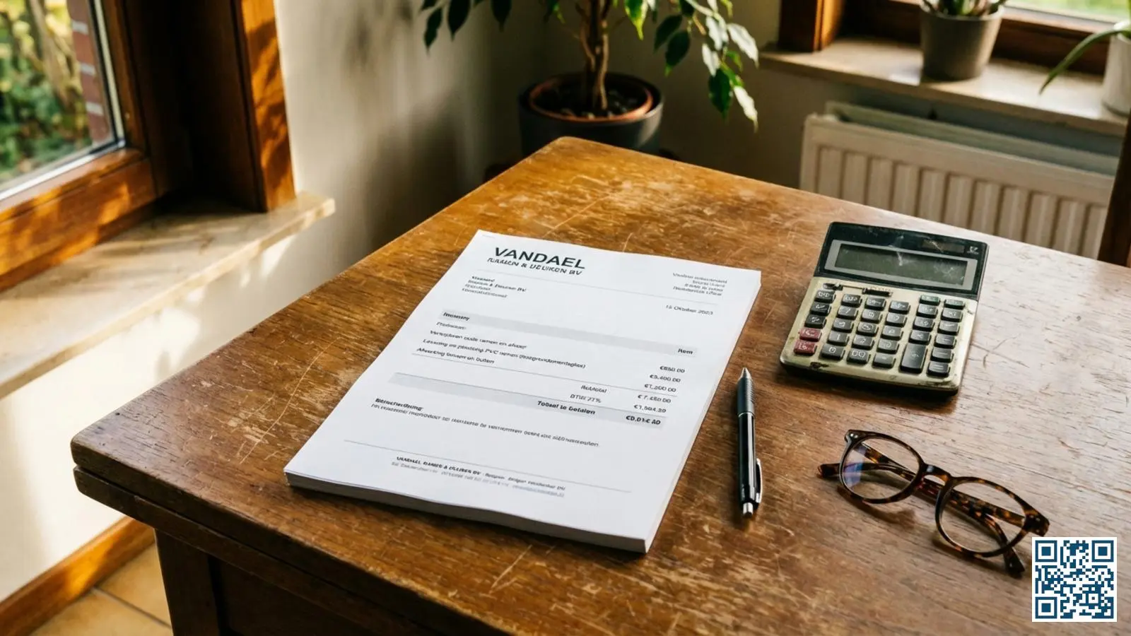 Factuur voor glasvervanging met btw-berekening op bureau met rekenmachine en leesbrilen in Belgische woonomgeving