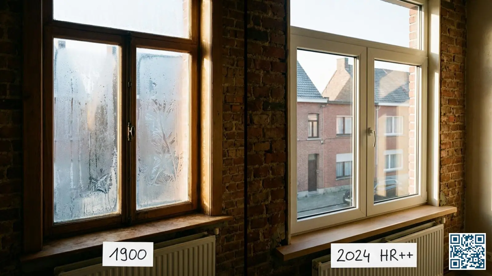 Vergelijking tussen oud enkelglas met condensatie en nieuw HR-glas in een Belgische rijwoning