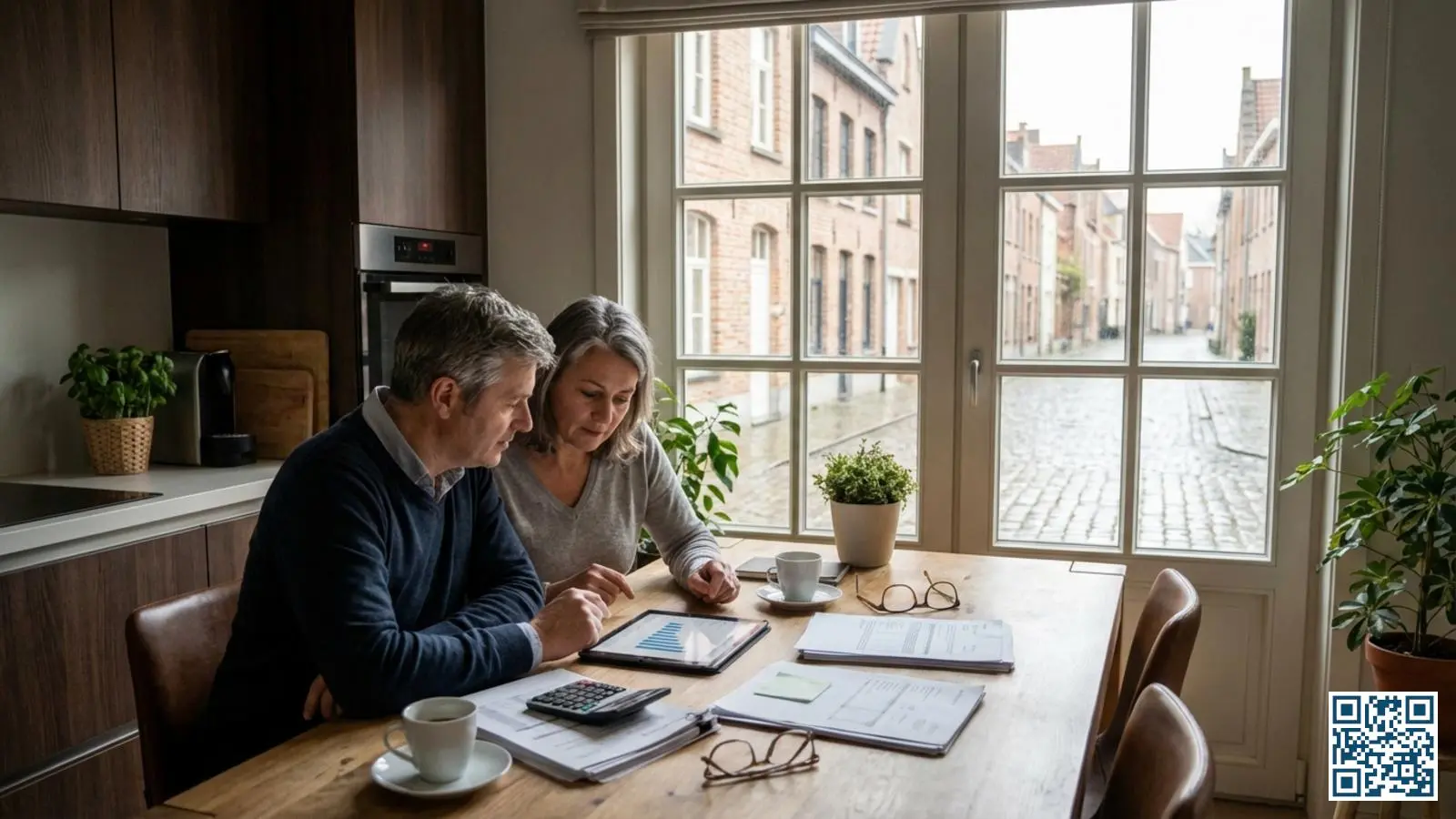 Belgisch koppel bekijkt financieringsopties voor HR-glas op tablet aan de keukentafel met raam op achtergrond