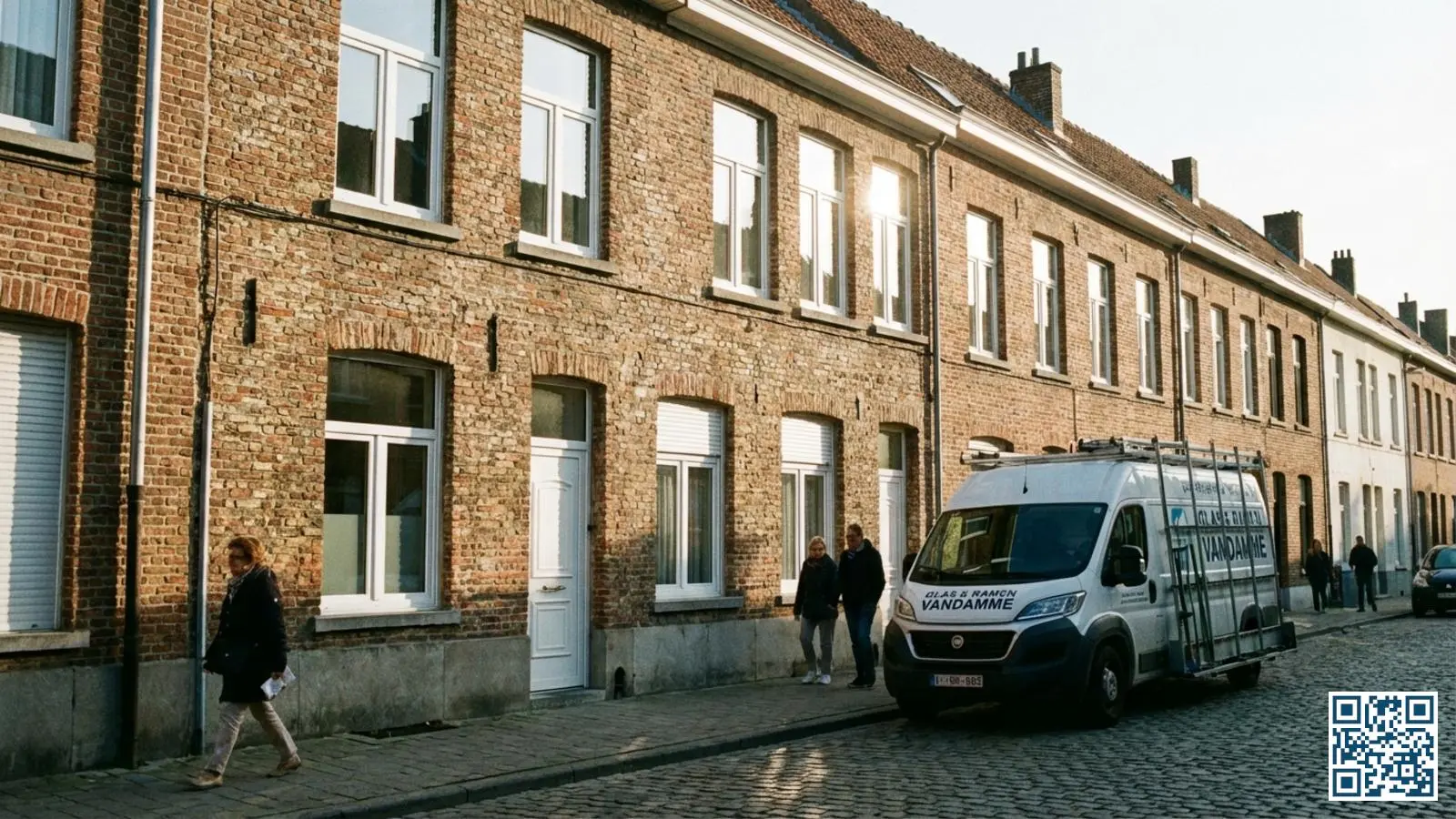 Belgische rijwoning met nieuwe witte PVC-ramen en HR-glas geplaatst aan de voorgevel