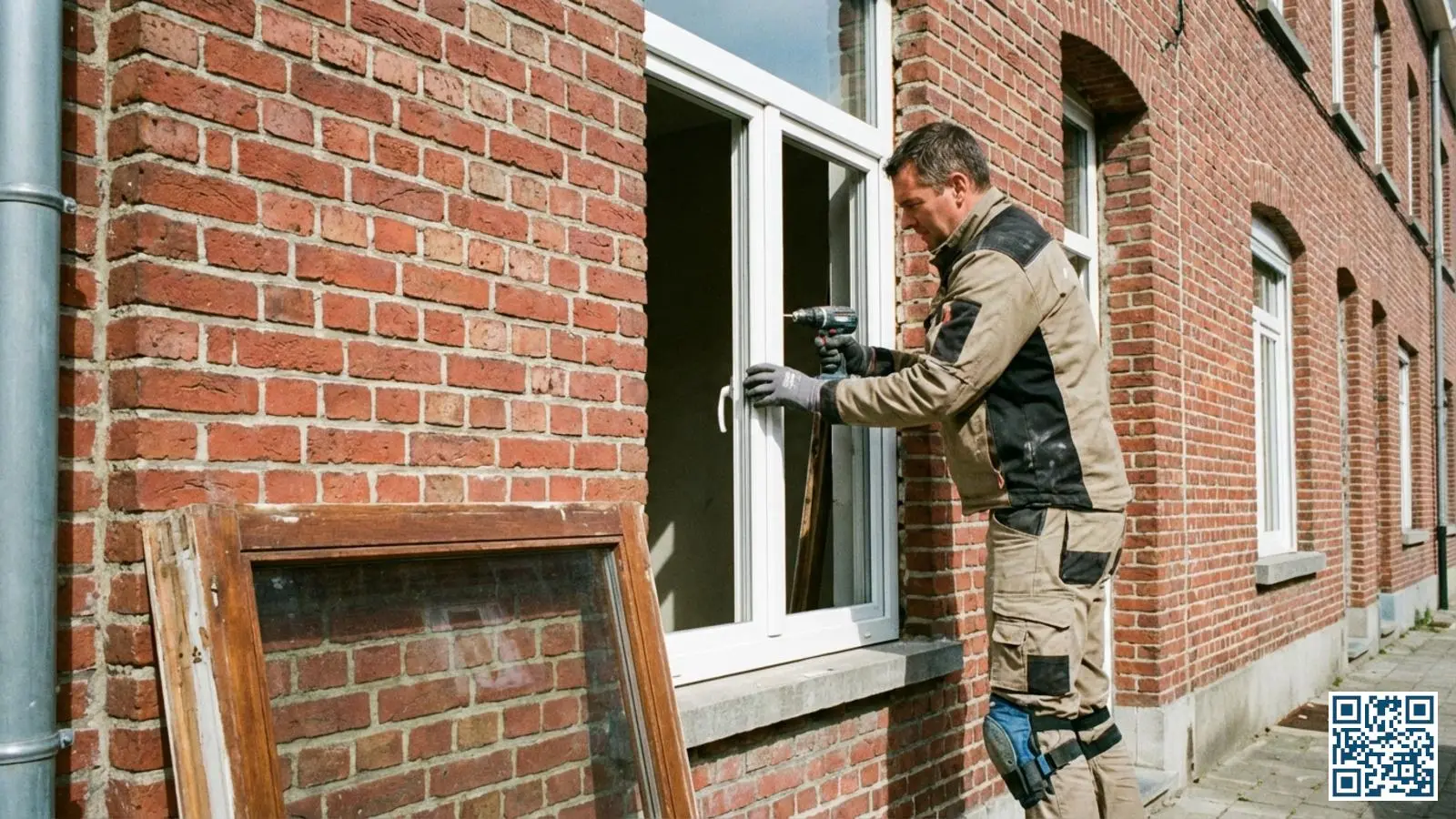 Vakman plaatst nieuw wit PVC-kozijn met HR++ glas in bakstenen muur van een Belgische rijwoning