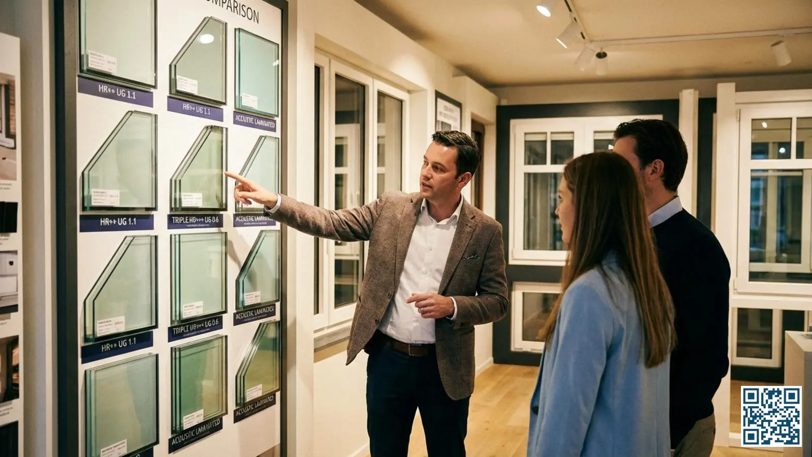Glasspecialist toont HR+ glas naast HR++ glas in een Belgische raamshowroom met zichtbare specificaties en prijsindicaties