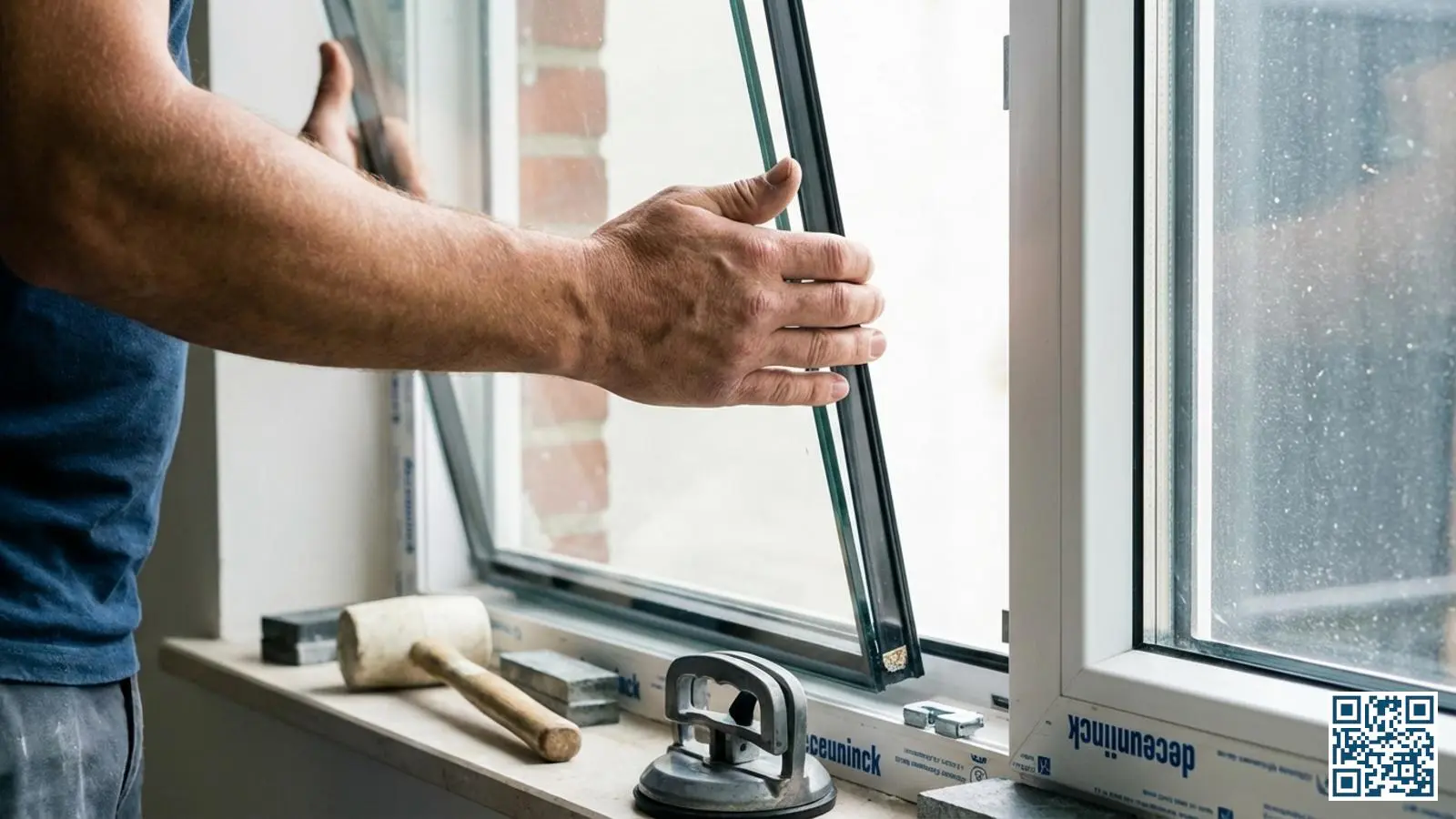 Vakman plaatst standaard HR-glas in wit PVC-kozijn van Belgische rijwoning met zichtbare dubbele glasconstructie