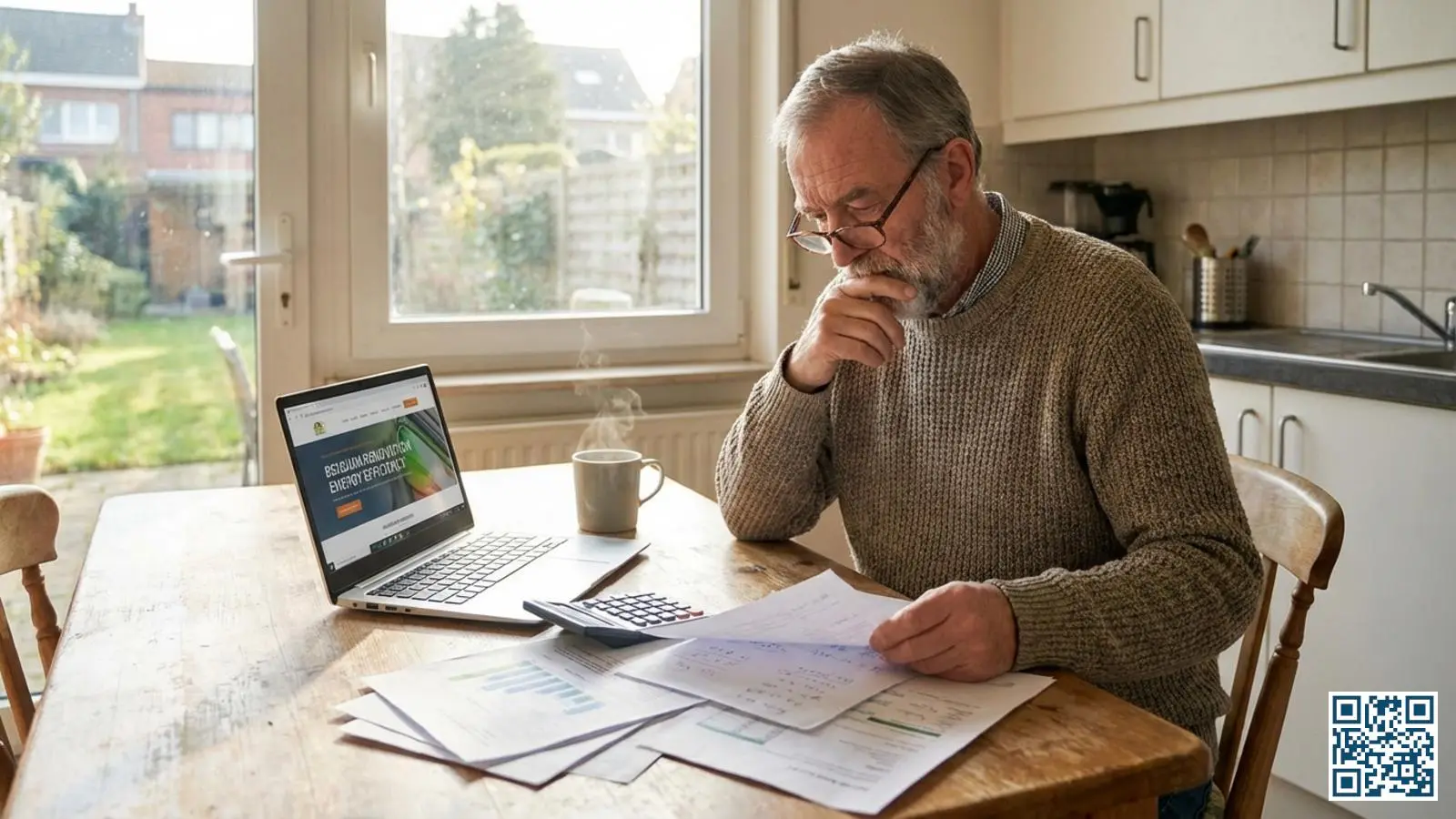 Belgische huiseigenaar berekent de terugverdientijd van HR-glas aan de keukentafel met financiële documenten en calculator