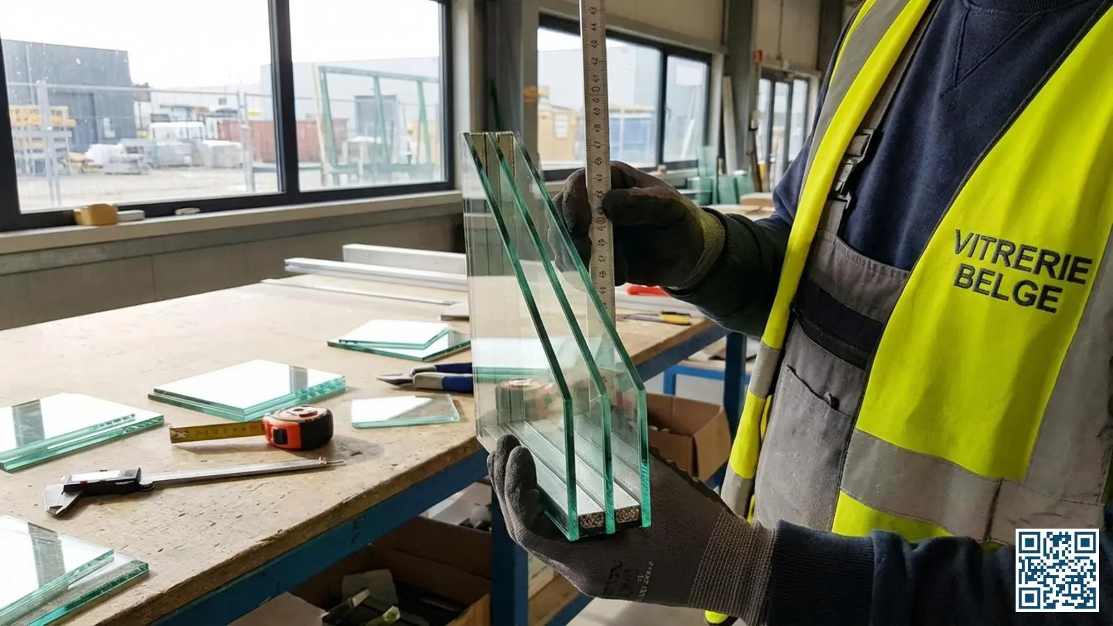 Doorsnede van triple glas met drie glasplaten en twee gasspouwen zichtbaar vastgehouden door vakman in werkplaats