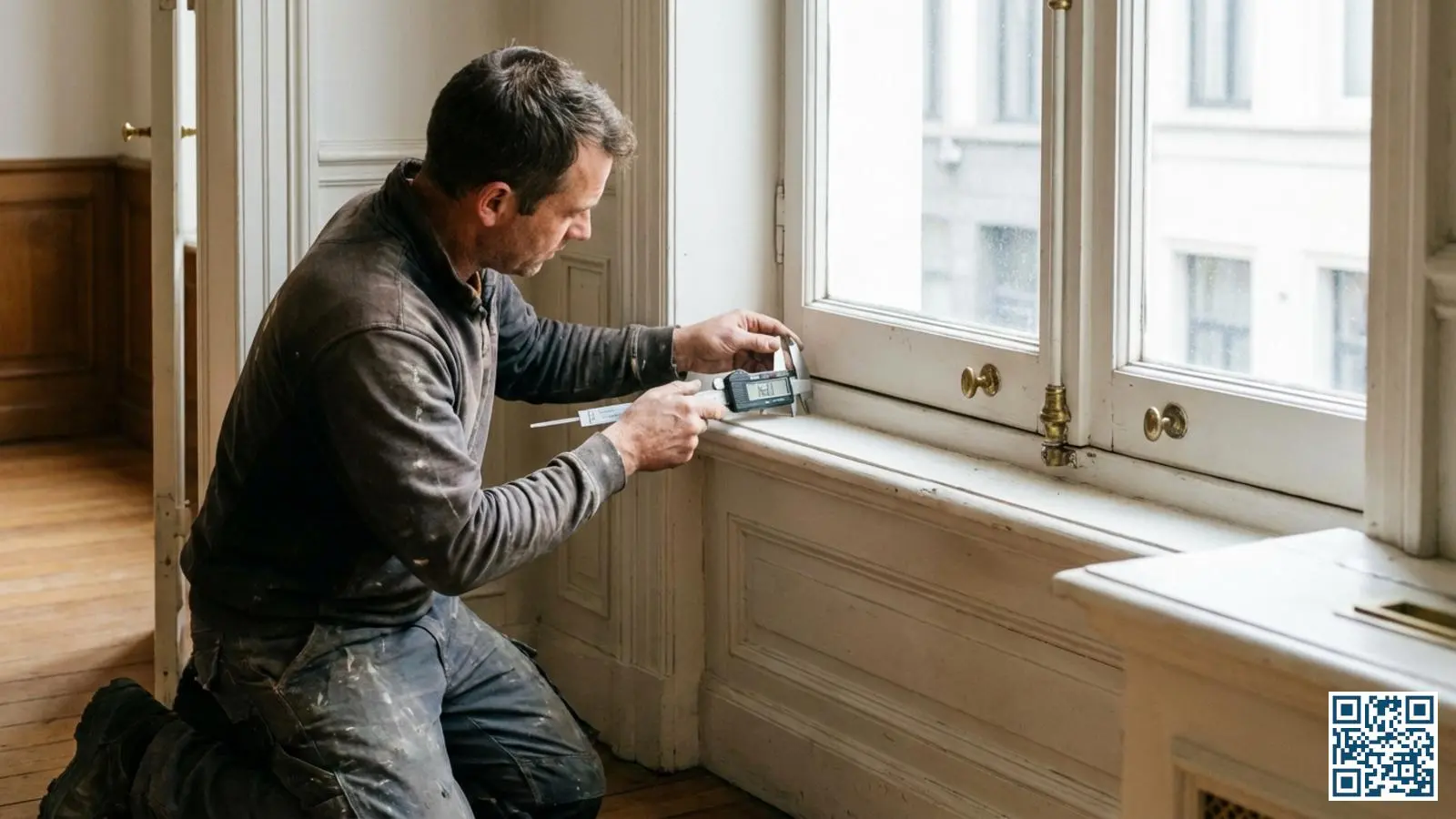 Glasspecialist meet met een schuifmaat de sponningdiepte van een wit houten kozijn om te bepalen of een glaswissel mogelijk is