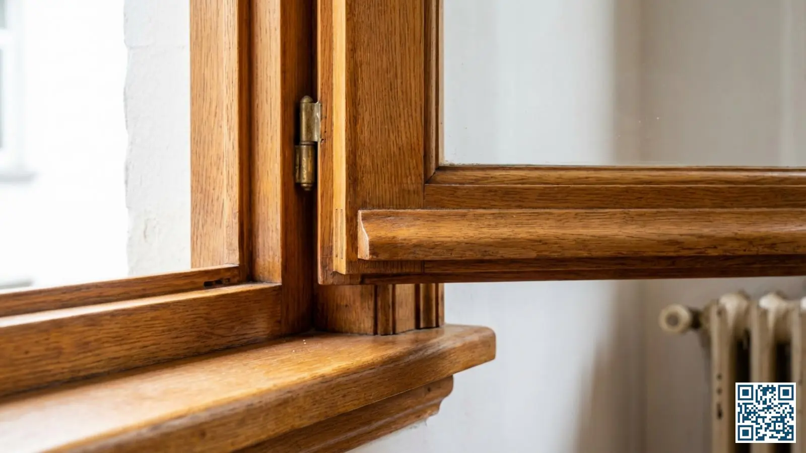 Close-up van een houten kozijn met zichtbare houtnerf en warme bruine tinten in een Belgische woning