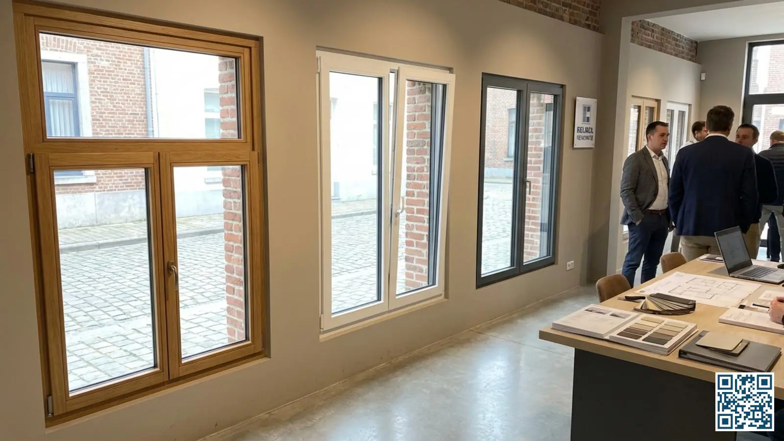 Drie kozijnmaterialen naast elkaar in showroom: houten, kunststof en aluminium kozijn met HR-glas