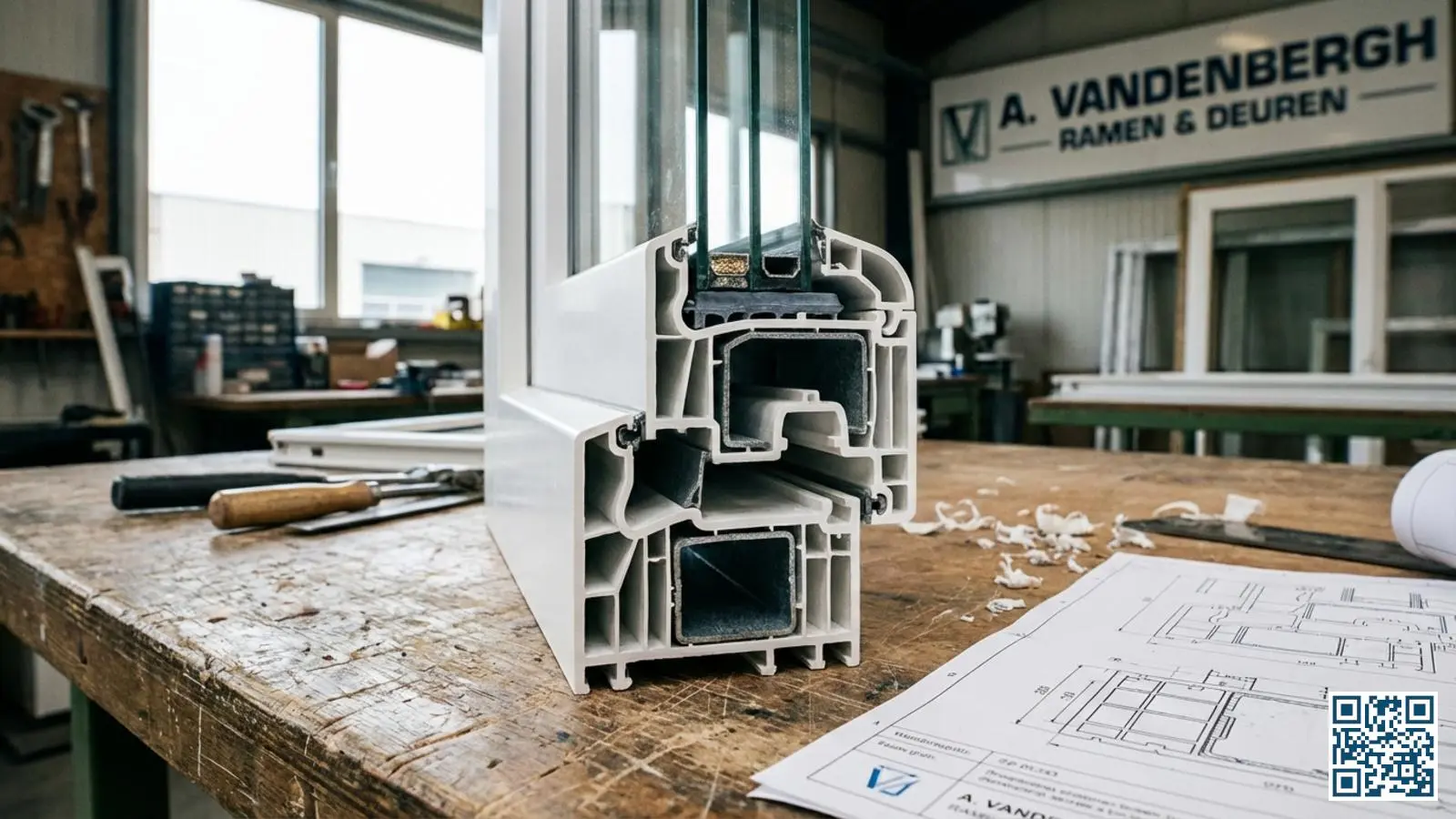 Doorsnede van een wit kunststof kozijn met zichtbare kamers in het PVC-profiel op een werkbank