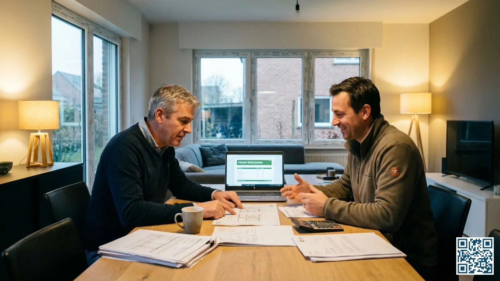 Belgische huiseigenaar bespreekt premie-aanvraag voor kozijnvervanging met aannemer, nieuwe PVC-ramen zichtbaar op de achtergrond