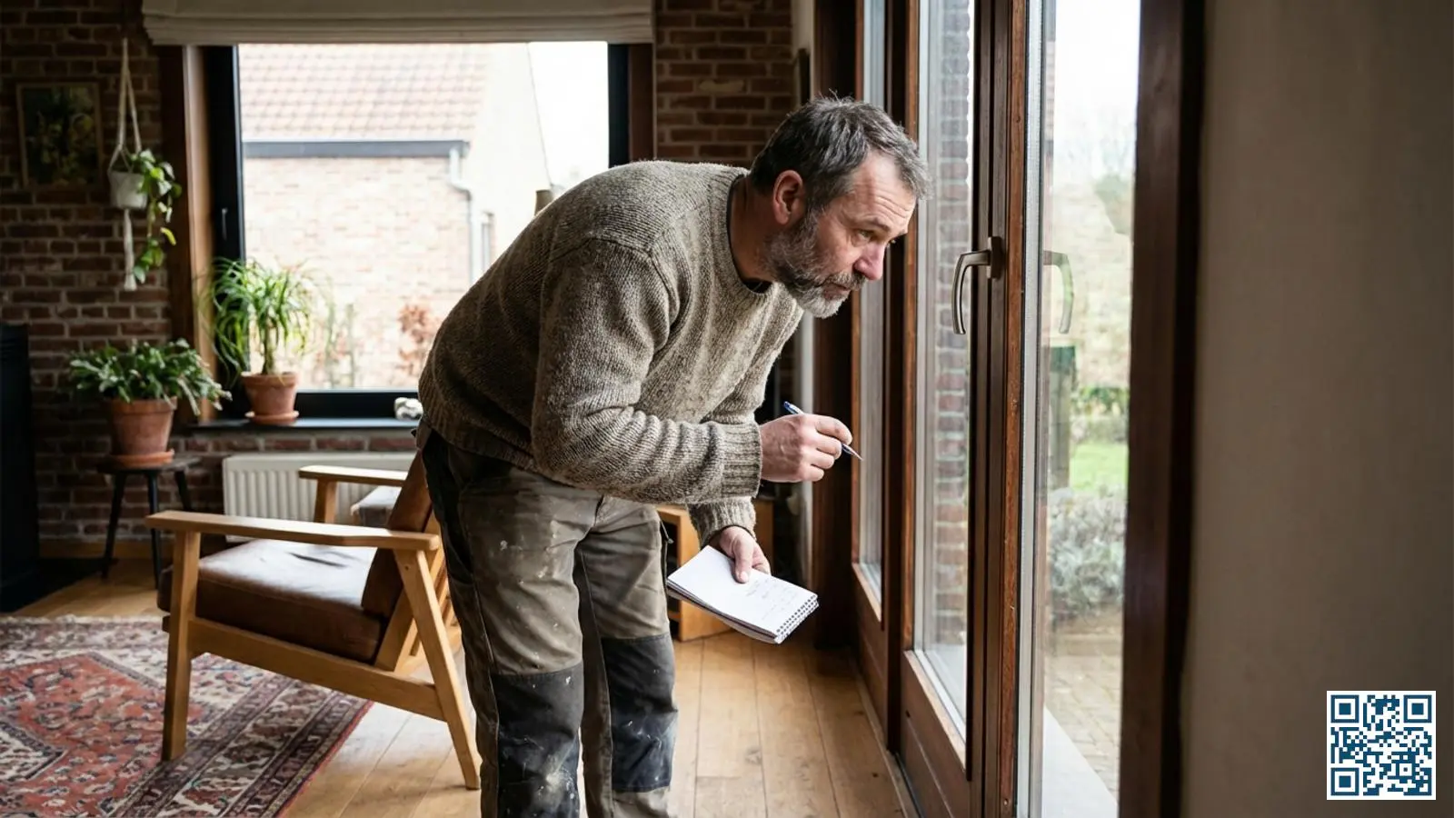 Woningeigenaar met notitieblok inspecteert raamkozijn ter voorbereiding op het aanvragen van offertes voor HR-glas
