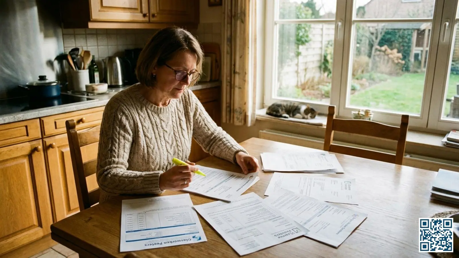 Woningeigenaar vergelijkt meerdere glasoffertes aan de keukentafel met markeerstift en documenten