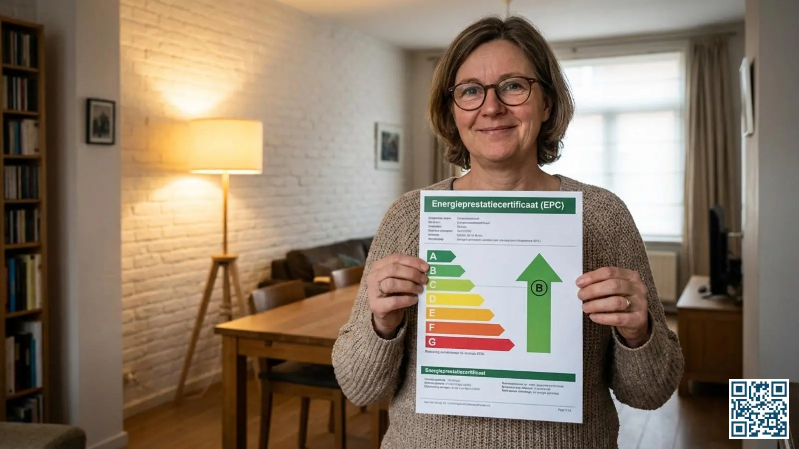 Vlaamse woningeigenaar bekijkt EPC-certificaat met labelverbetering in woonkamer van typische Belgische rijwoning