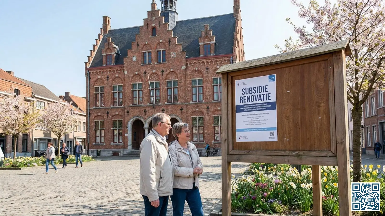 Vlaams gemeentehuis met informatiebord over renovatiepremies waar een koppel de premie-informatie voor HR-glas leest