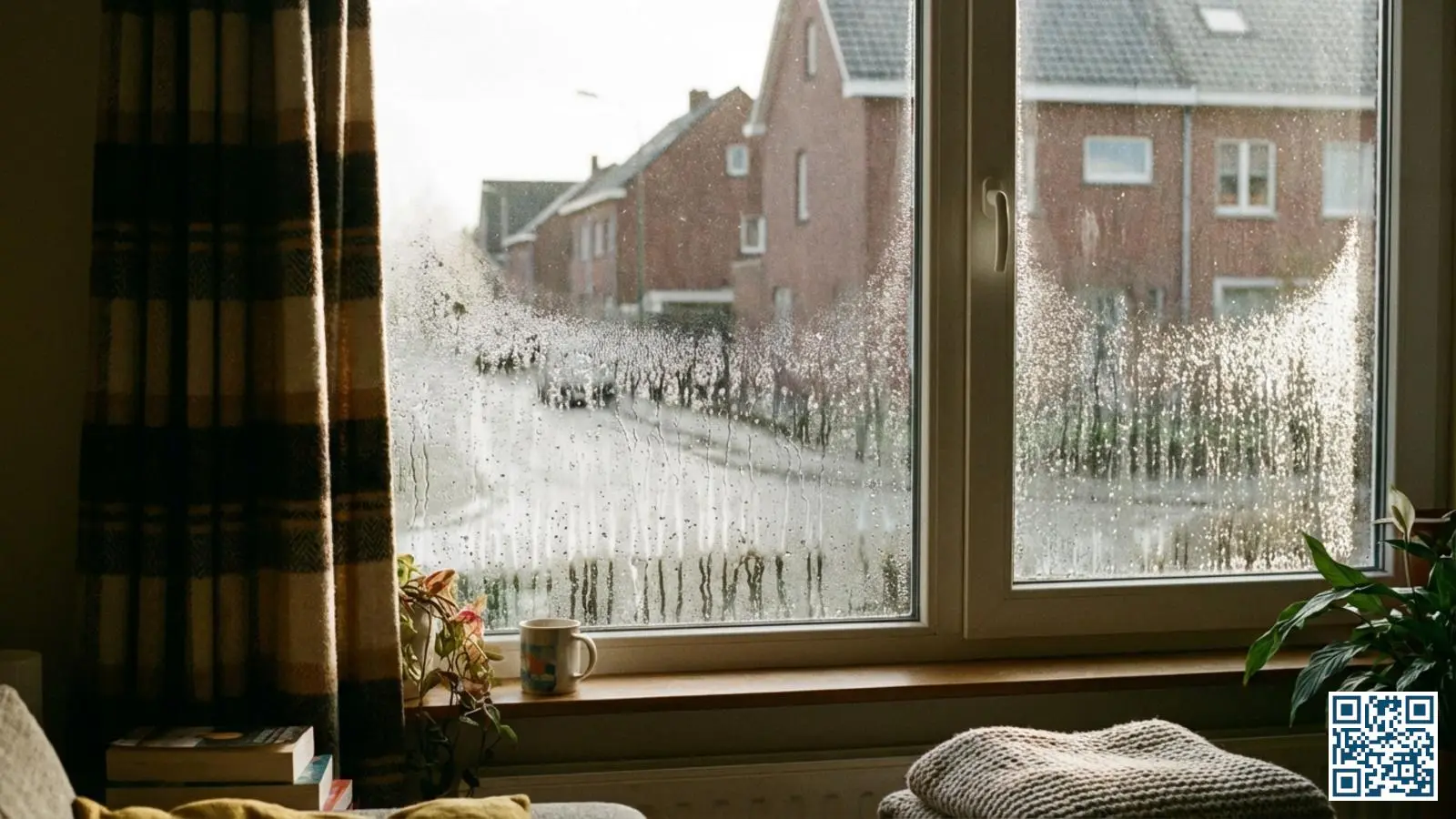 Condensdruppels aan de binnenkant van HR-glas in een Belgische woning op een koude ochtend