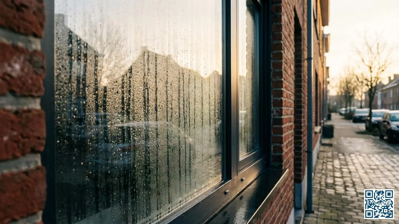 Buitencondens op HR-glas van een Belgische rijwoning in de vroege ochtend met zichtbare waterdruppels op het glasoppervlak