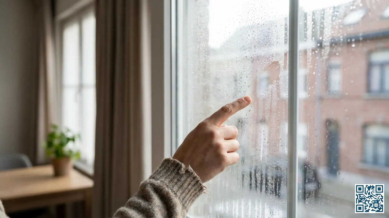 Close-up van condensdruppels op HR-glas in een Belgische woning met hand die het glasoppervlak controleert