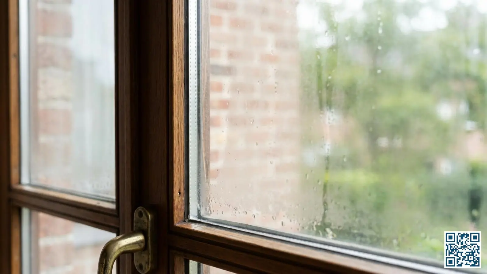 Close-up van HR-glas met zichtbare condensatie en waterdruppels tussen de glasplaten, kenmerkend voor een gefaalde randafdichting