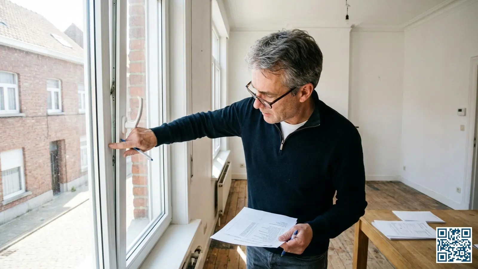 Huiseigenaar controleert checklist bij inspectie van nieuw geplaatst HR-glas in Belgische woning