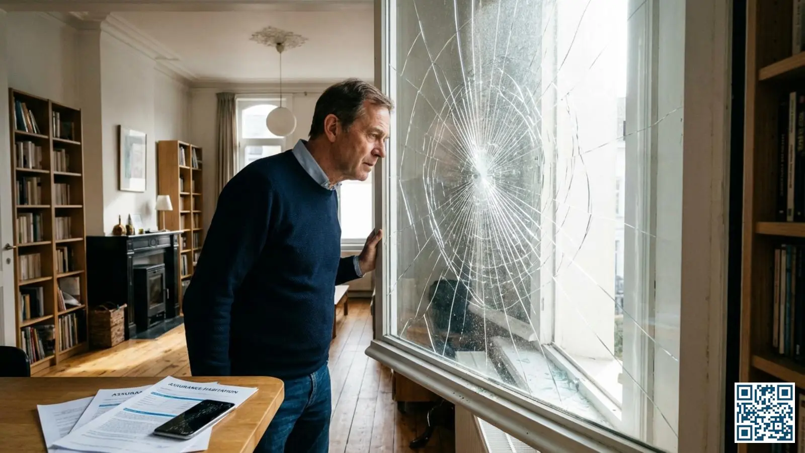 Huiseigenaar bekijkt gebroken ruit in Belgische woning met verzekeringspapieren op tafel voor schademelding