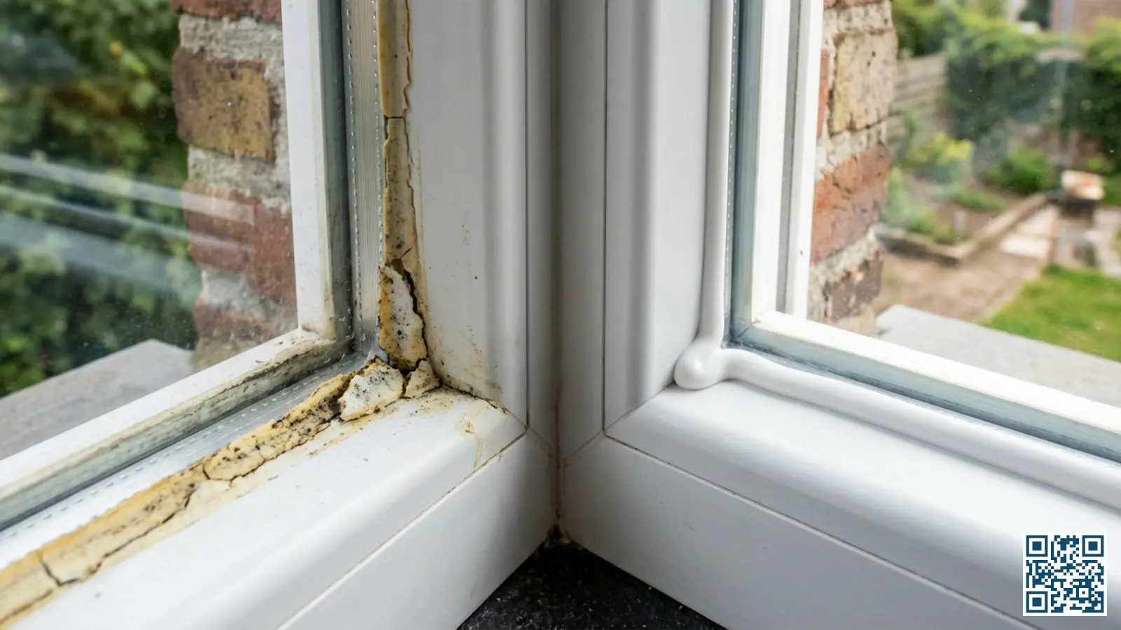 Close-up van raamkozijn met kitranden waar versleten gele kit naast verse witte siliconenkit zichtbaar is