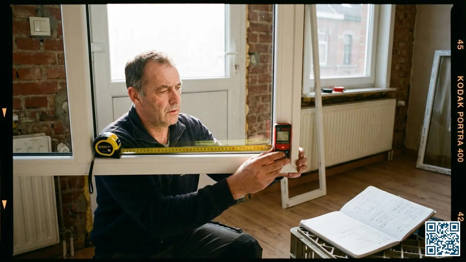 Schrijnwerker meet nauwkeurig een raamkozijn op met professionele meetlat in een Belgische rijwoning