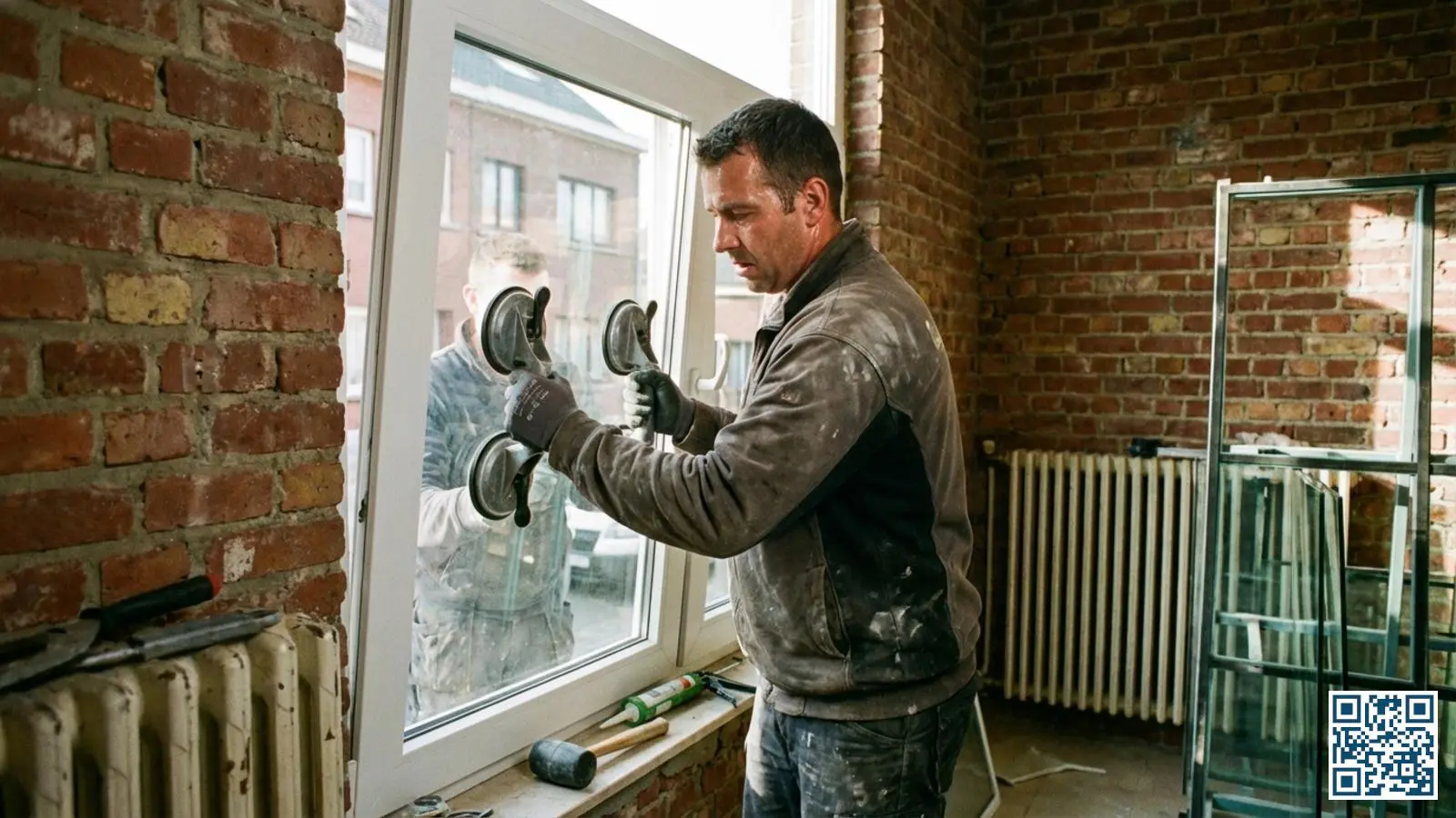 Schrijnwerker plaatst met zuignappen nieuw HR-glas in een wit PVC-kozijn van een Belgische rijwoning