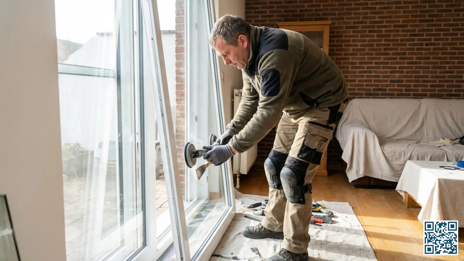 Schrijnwerker plaatst nieuw HR-glas in wit PVC-kozijn van een typische Belgische rijwoning met professioneel gereedschap