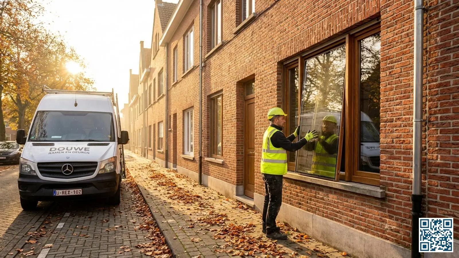 Vakman plaatst HR-glas in Belgische rijwoning op een heldere herfstdag met ideale weersomstandigheden voor glasvervanging