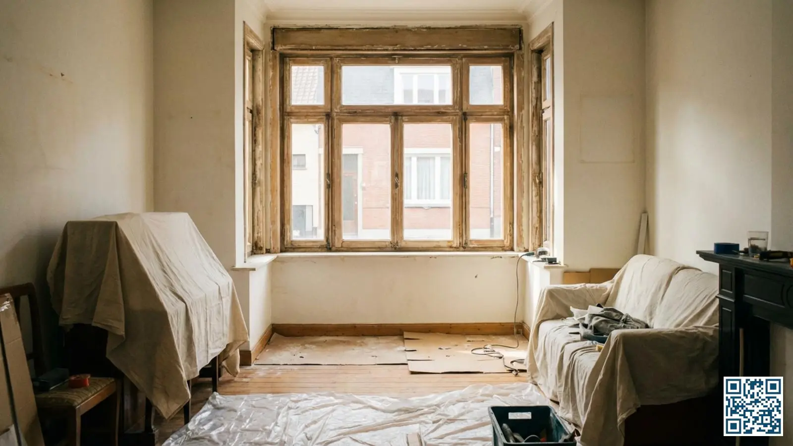 Belgische woonkamer voorbereid voor glasvervanging met vrijgemaakte ruimte rond het raam en beschermend zeil op de vloer