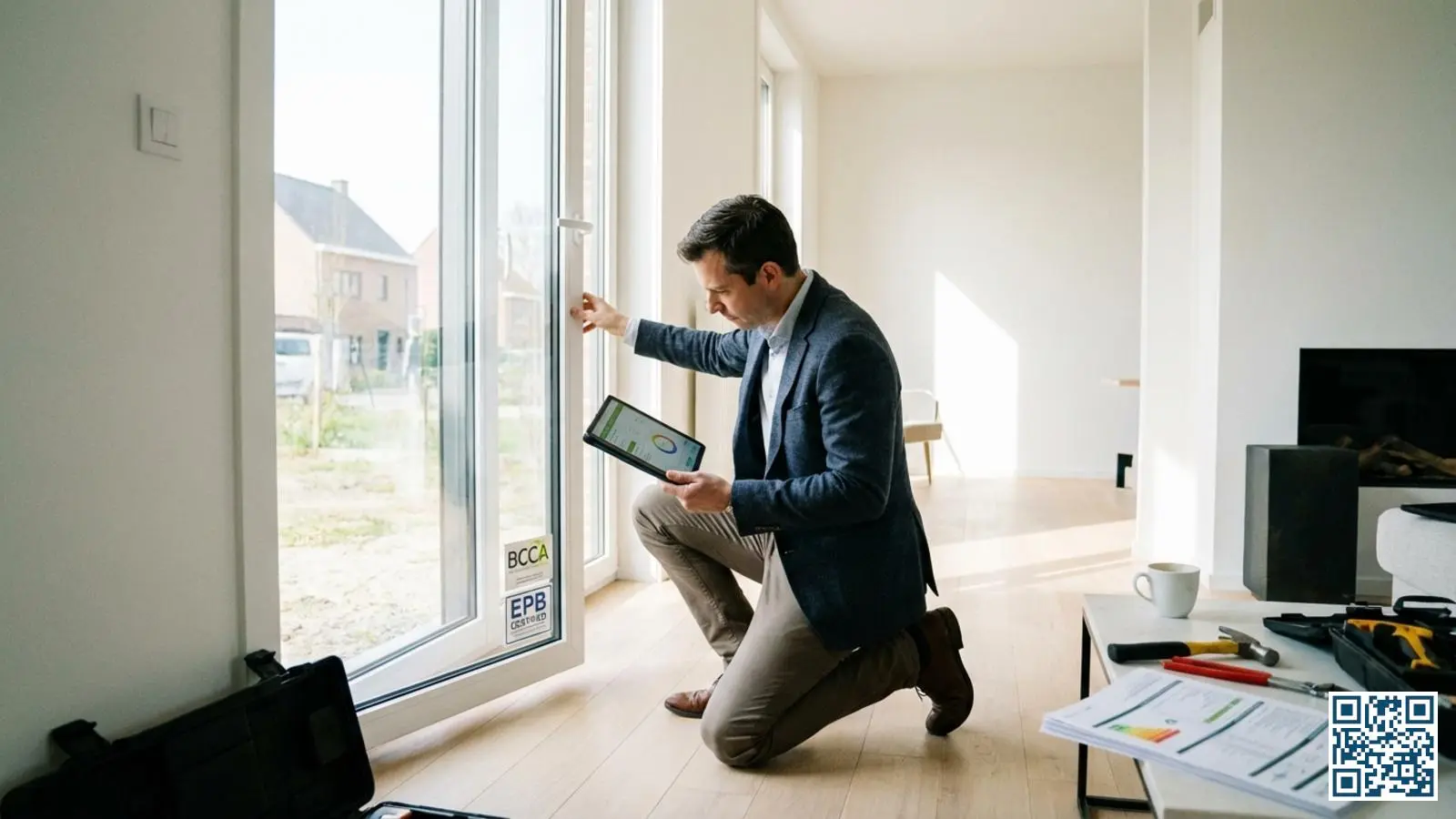 Energieconsulent controleert EPB-conformiteit van nieuw geplaatst HR-glas in een moderne Vlaamse woning met tablet en certificeringsdocumenten