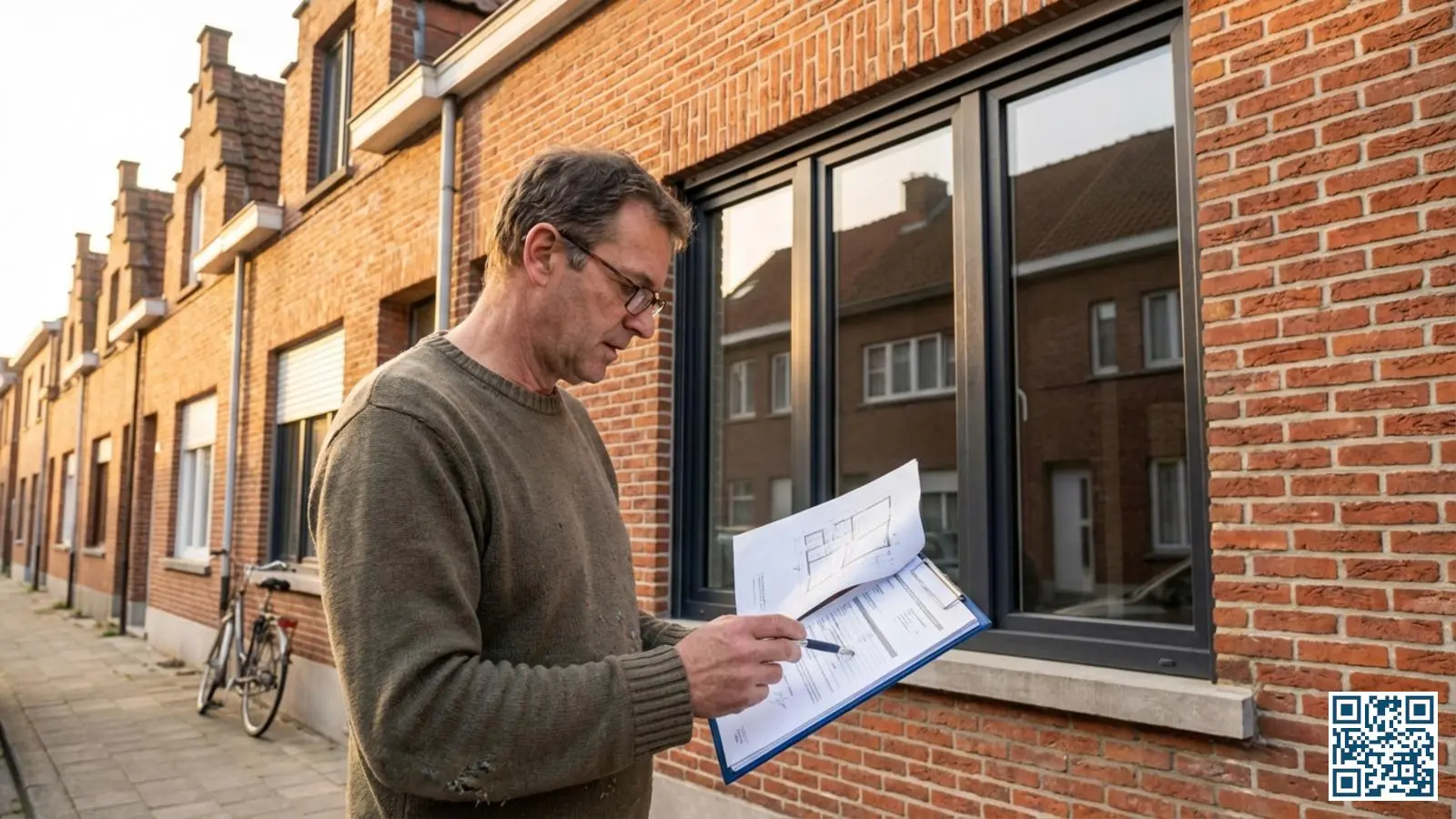 Vlaamse rijwoning met moderne HR-glas ramen en woningeigenaar die regelgevingsdocumenten bekijkt