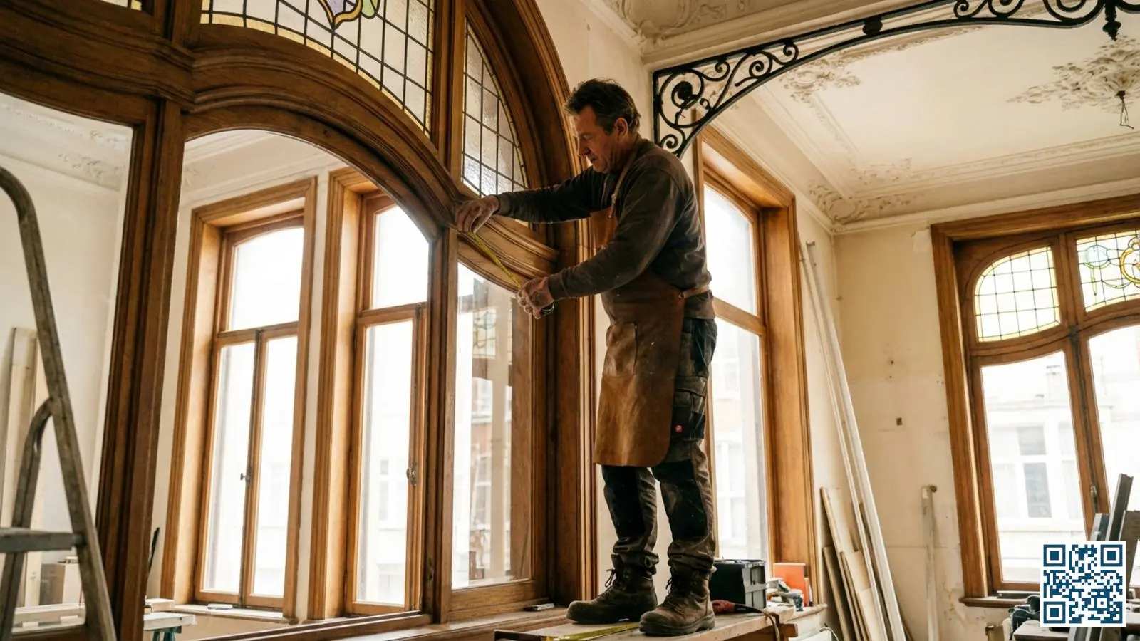Vakman meet raamkozijn in een karakteristiek art-nouveaupand in Antwerpen voor HR-glas plaatsing