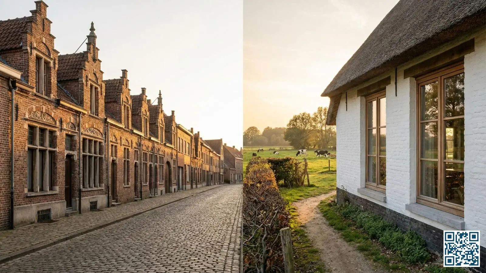 Contrast tussen stedelijke rijwoningen in Antwerpen en een landelijke Kempense fermette met grote ramen voor HR-glas