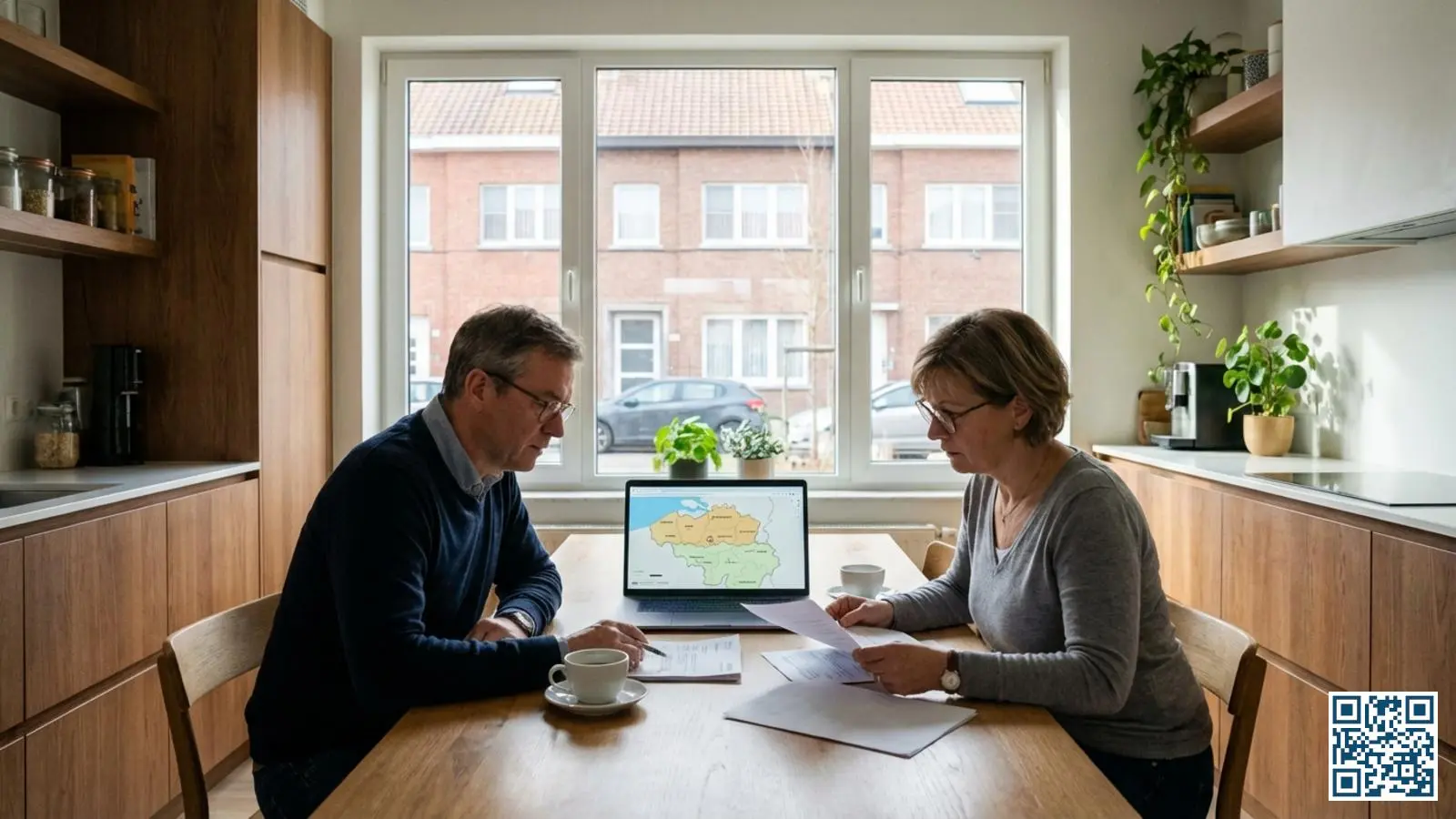 Vlaamse woningeigenaren bekijken regionale informatie over HR-glas aan hun keukentafel met zicht op typische Belgische rijwoningen